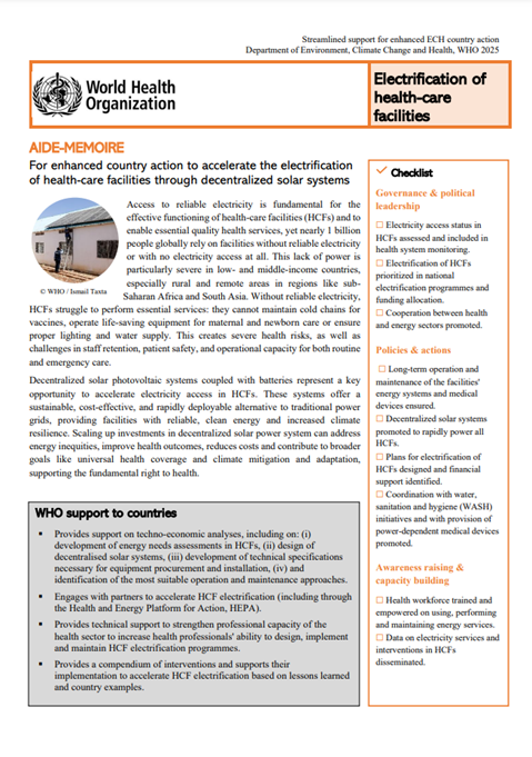 AIDE-MÉMOIRE: For enhanced country action to accelerate the electrification of health-care facilities
