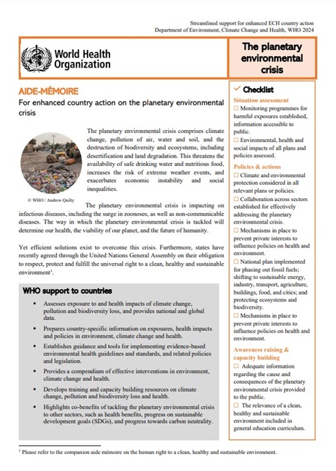 AIDE-MÉMOIRE: For enhanced country action on the planetary environmental crisis