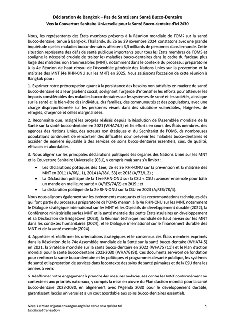 Déclaration de Bangkok – Pas de Santé sans Santé Bucco-Dentaire
