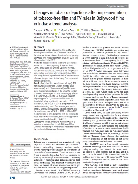 Changes in tobacco depictions after implementation of tobacco-free film and TV rules in Bollywood films in India: a trend analysis