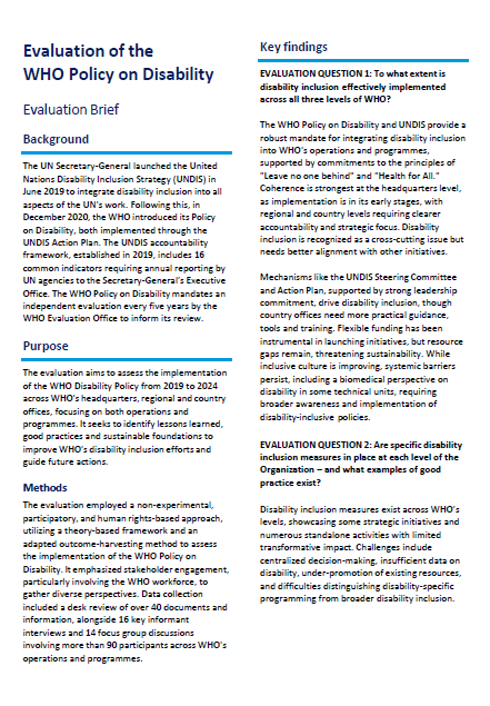 Evaluation of the WHO Policy on Disability: Evaluation brief
