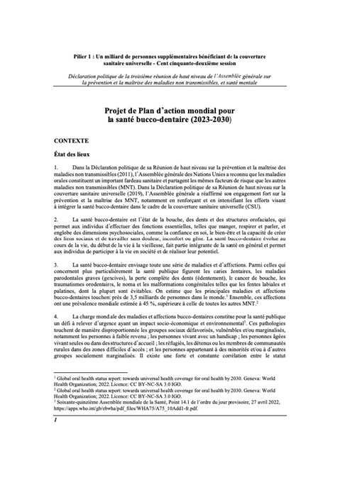Projet de Plan d’action mondial pour la santé bucco-dentaire (2023–2030)