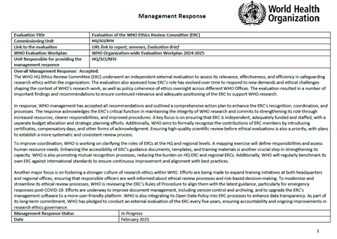 Independent evaluation of the WHO Ethics Review Committee: Management response