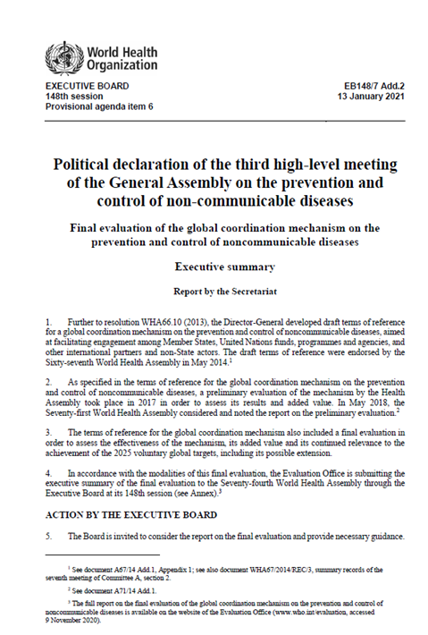 Final evaluation of the global coordination mechanism on the prevention and control of noncommunicable diseases: Executive summary