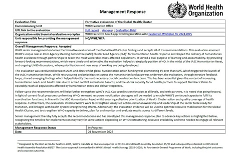 Formative evaluation of the Global Health Cluster: Management response
