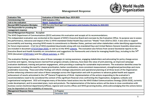 Evaluation of Global Health Days 2019-2023: Management response