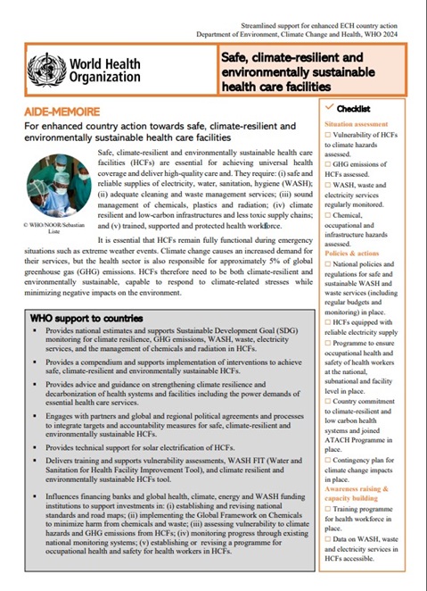 AIDE-MÉMOIRE: For enhanced country action towards safe, climate-resilient and environmentally sustainable health care facilities