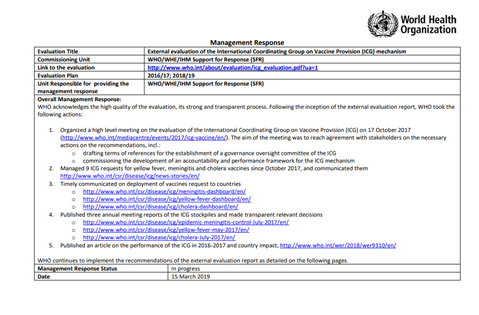 International Coordinating Group on Vaccine Provision (2017): Management response
