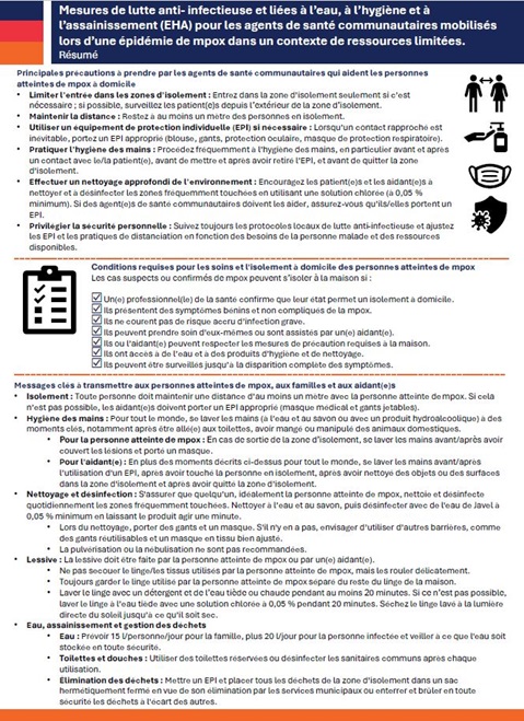 Mesures de lutte anti- infectieuse et liées à l’eau, à l’hygiène et àl’assainissement (EHA) pour les agents de santé communautaires mobiliséslors d’une épidémie de mpox dans un contexte de ressources limitées : Résumé