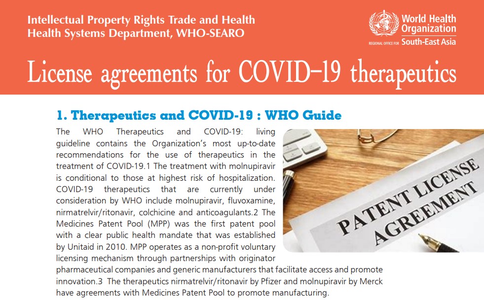 Cover of a WHO document "License agreements for COVID 19 therapeutics"