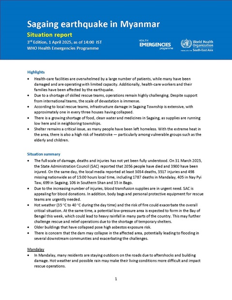 Sagaing Earthquake in Myanmar: Situation Report - 3rd Edition