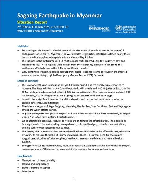 Sagaing Earthquake in Myanmar: Situation Report - 2nd Edition
