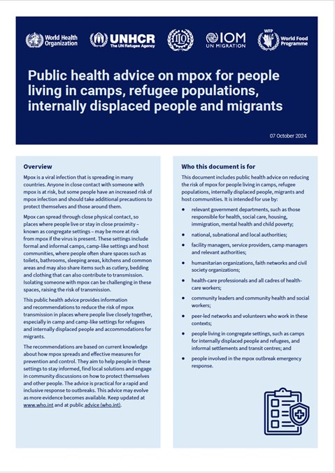 Public health advice on mpox for people living in camps, refugee populations, internally displaced people and migrants