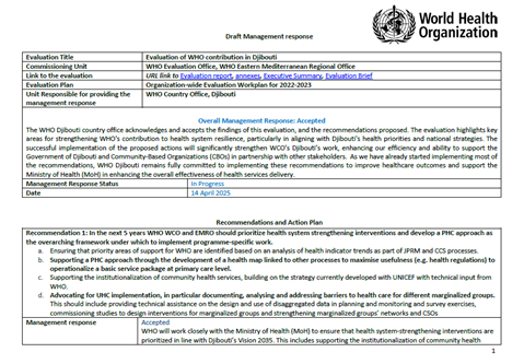 Evaluation of WHO contribution in Djibouti: Management response