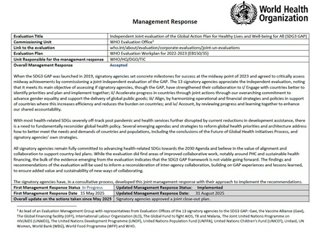 Joint evaluation of the Global Action Plan for Healthy Lives and Well-being for All (SDG3-GAP): Management response