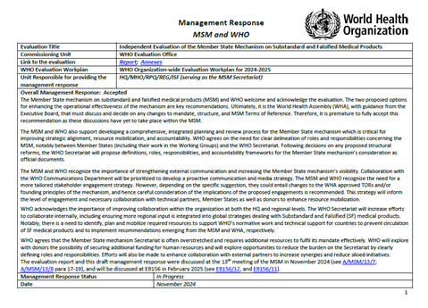 Evaluation of the Member State mechanism on Substandard and Falsified Medical Products: Management response