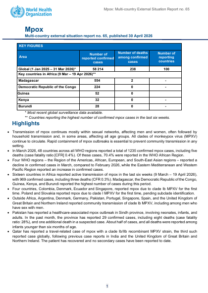 Multi-country outbreak of mpox, External situation report #65 - 30 April 2026