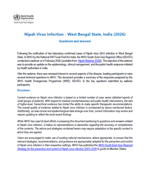 Nipah Virus Infection - West Bengal State, India (2026) Questions and answers