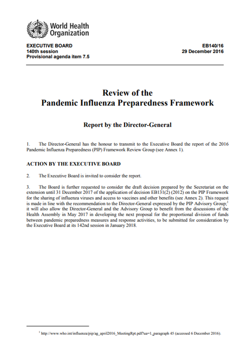 Pandemic Influenza Preparedness (PIP) Framework (2016): Report