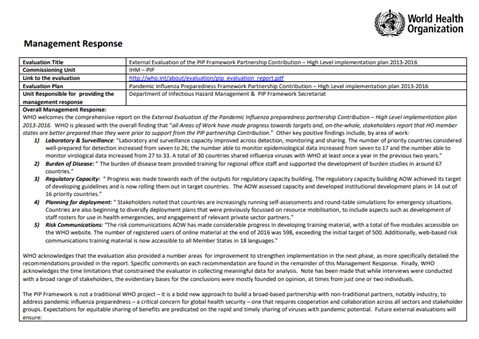 External evaluation of the Pandemic Influenza Preparedness Partnership Contribution – High-Level Implementation Plan 2013-2016: Management response