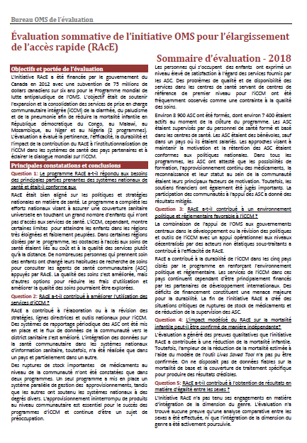 Évaluation sommative de l’initiative OMS pour l’élargissement de l’accès rapide (RAcE): Sommaire d’évaluation - 2018