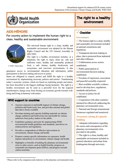 AIDE-MÉMOIRE: For country action to implement the human right to a clean, healthy and sustainable environment
