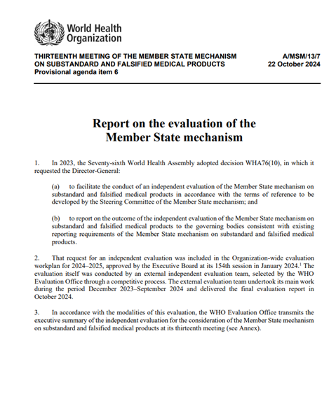 Report on the evaluation of the Member State mechanism – 13th meeting of the MSM, document A/MSM/13/7