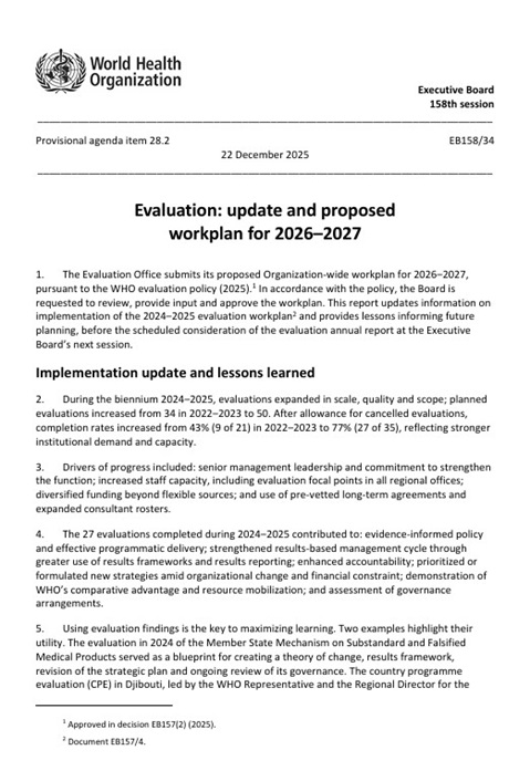 2026–2027 Evaluation: update and proposed workplan (EB158/34)