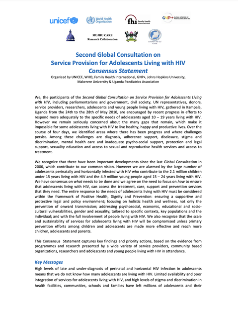 Second global consultation on service provision for adolescents living with HIV