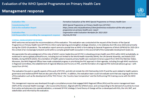 Evaluation of the WHO Special Programme on Primary Health Care: Management response