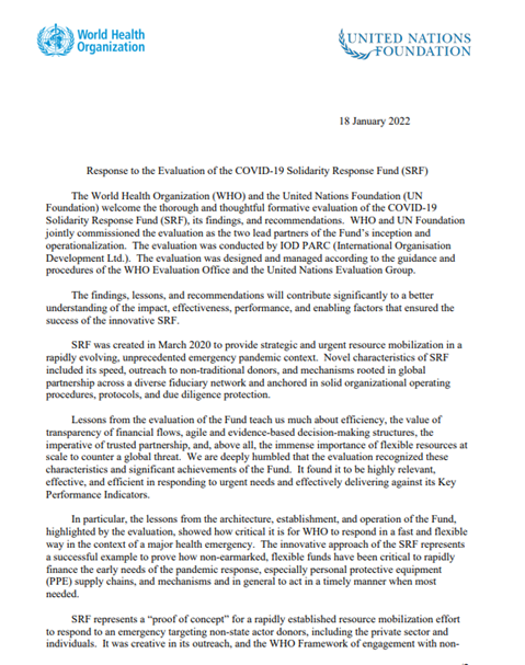 UNF-WHO COVID-19 Solidarity Response Fund (SRF) Joint Evaluation (2021): Management response letter