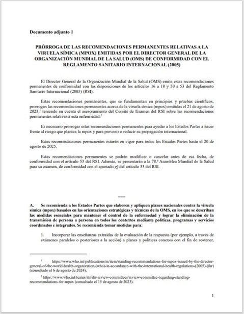 Prórroga de las recomendaciones permanentes relativas a la viruela símica (mpox) emitidas por el Director General de la Organización mundial de la salud (OMS) de conformidad con el Reglamento Sanitario Internacional (2005)
