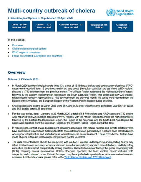 Multi-country outbreak of cholera, epidemiological update #36 -30 April 2026