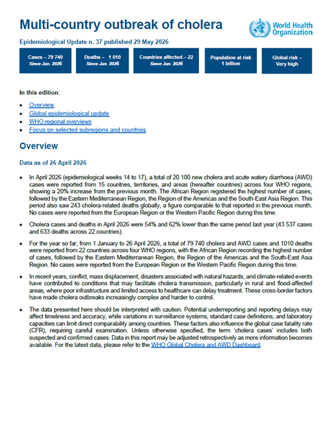 Multi-country outbreak of cholera, epidemiological update #37 -29 May 2026