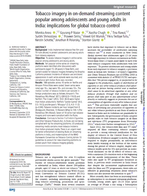 Tobacco imagery in on-demand streaming content
popular among adolescents and young adults in
India: implications for global tobacco control