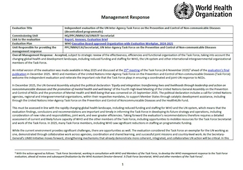 Independent evaluation of the UN Inter-Agency Task Force on the Prevention and Control of Non-communicable Diseases: Management response