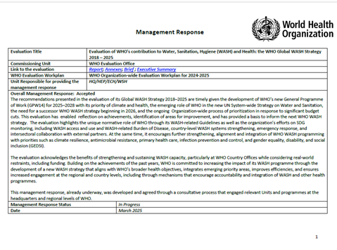 Evaluation of WHO's contribution to water, sanitation, hygiene (WASH) and health: Management response
