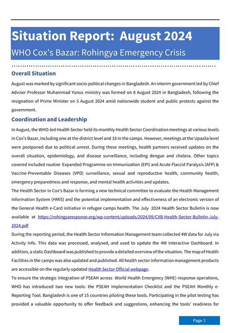WHO Cox’s Bazar: Rohingya emergency crisis - Situation Report: August 2024