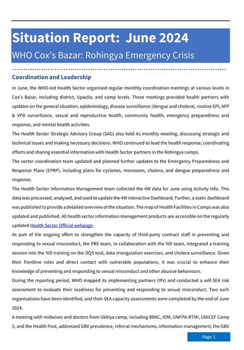 WHO Cox’s Bazar: Rohingya emergency crisis - Situation Report: June 2024