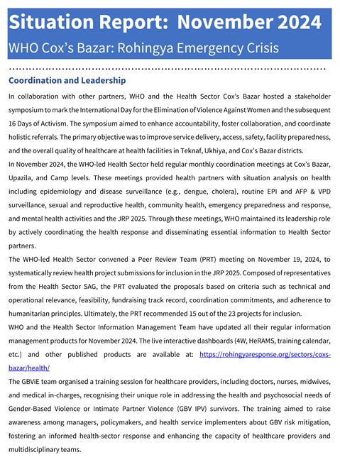WHO Cox’s Bazar: Rohingya emergency crisis - Situation Report: November 2024