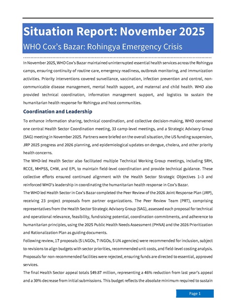 WHO Cox’s Bazar: Rohingya emergency crisis - Situation Report: November 2025