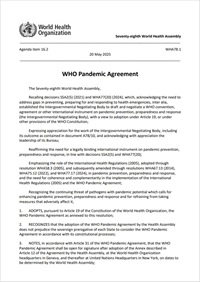 First page of the WHA78.1 document on the WHO Pandemic Agreement.