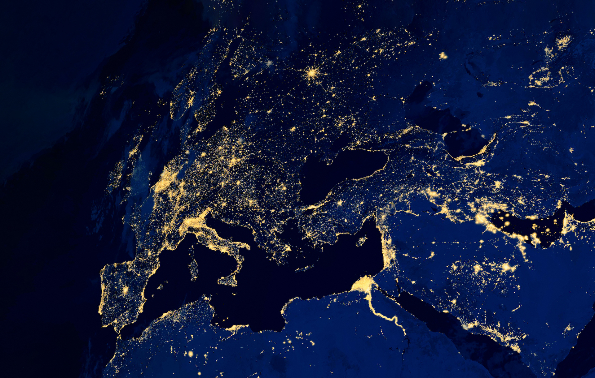 Satellite image of European cities at night