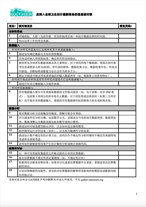 纳入全球卫生估计最新报告的信息核对表