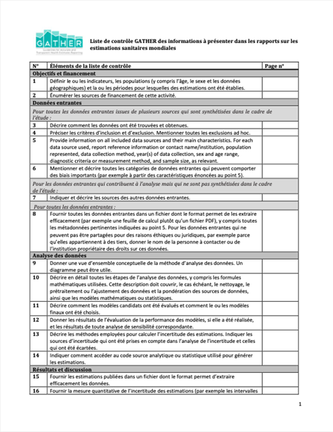 Liste de contrôle GATHER des informations à présenter dans les rapports sur les estimations sanitaires mondiales