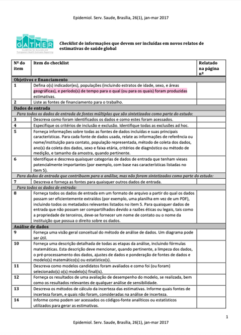 Checklist de informações que devem ser incluídas em novos relatos de estimativas de saúde global