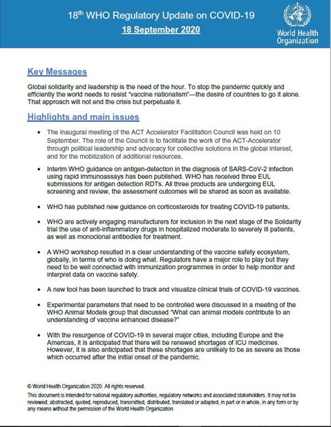 21st WHO Regulatory Update on COVID-19