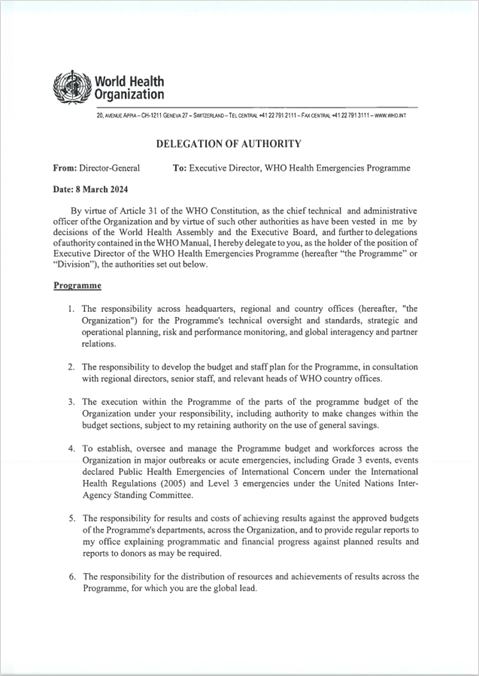 Delegation of authority: WHO Health Emergencies Programme (EXD/WHE)