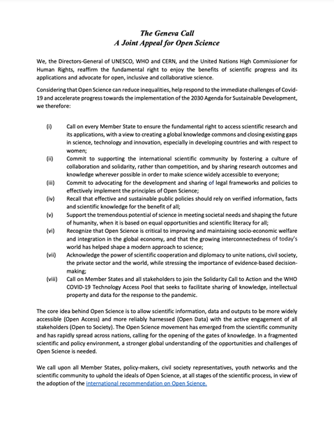The Geneva Call: A joint appeal for Open Science