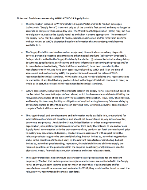 COVID-19 Supply Portal notes and disclaimers